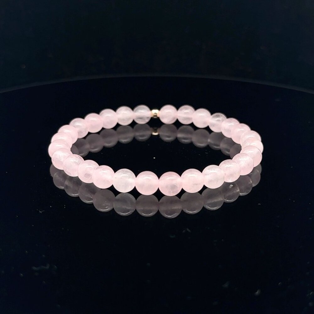 Gemstones Rose Quartz 6mm Stretchable Bracelet 14k Yellow Gold Polished Bead - Picture 4 of 6